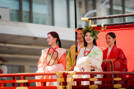Kyoto, Japan - July 24 2023 : Gion Matsuri Festival, Hanagasa Junko Parade. Flower Umbrella Procession of float parade on the city street.のeditorial素材