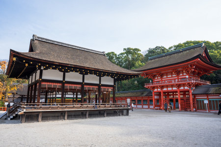 Kyoto, Japan - Dec 6 2023 : Shimogamo Shrine. (Kamo-mioya-jinja Shrine). Maple trees turn red in autumn.のeditorial素材