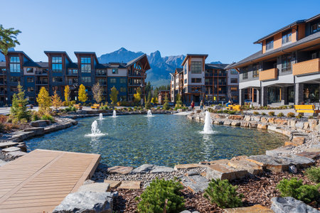 Canmore, AB, Canada - Oct 7 2023 : Walking trail in residential area. Town of Canmore street view in fall season. Spring Creek Drive.のeditorial素材