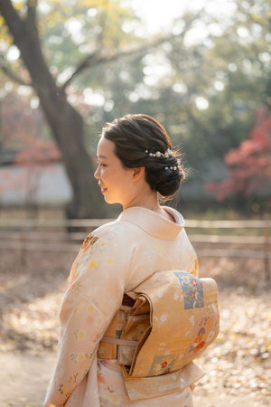Japanese Female Kimono Portrait photography. Kyoto, Japan in the autumn season. Fall foliage.