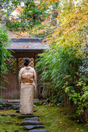 Japanese Female Kimono Portrait photography. Kyoto, Japan. Japanese traditional buildings background.の写真素材