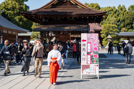 Kyoto, Japan - Feb 28 2024 : Crowds of people in Jonangu Shrine Weeping Plum and Camellia Festival.のeditorial素材