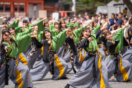 Kyoto, Japan - March 31 2024 : Kyoto Sakura Yosakoi ( Sakuyosa ) festival. A group of dancers dancing down a street at the Okazaki area around Heian Shrine.のeditorial素材