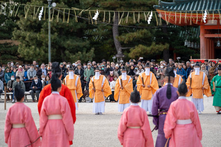 Kyoto, Japan - February 3 2024 : Heian Jingu Shrine Setsubun festival. Traditional Japanese shinto ritual ceremony.のeditorial素材