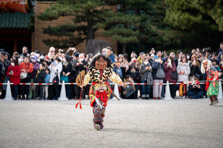 Kyoto, Japan - February 3 2024 : Heian Jingu Shrine Setsubun festival. Performers wearing an oni (...