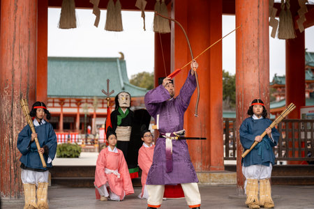 Kyoto, Japan - February 3 2024 : Heian Jingu Shrine Setsubun festival. Traditional Japanese shinto ritual ceremony.のeditorial素材