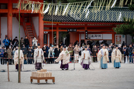 Kyoto, Japan - February 3 2024 : Heian Jingu Shrine Setsubun festival. Traditional Japanese shinto ritual ceremony.のeditorial素材