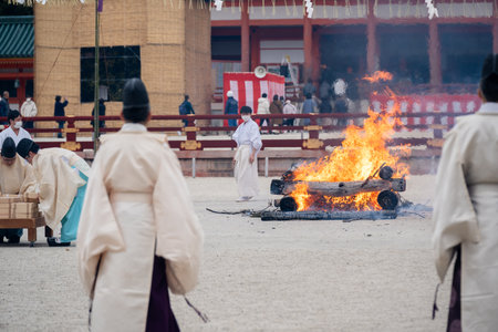 Kyoto, Japan - February 3 2024 : Heian Jingu Shrine Setsubun festival. Traditional Japanese shinto ritual ceremony.のeditorial素材