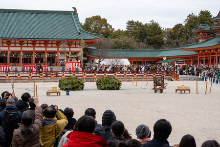 Kyoto, Japan - February 3 2024 : Heian Jingu Shrine Setsubun festival. Traditional Japanese shinto ritual ceremony.のeditorial素材
