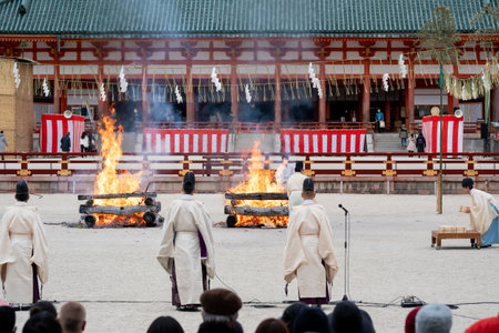 Kyoto, Japan - February 3 2024 : Heian Jingu Shrine Setsubun festival. Traditional Japanese shinto ritual ceremony.のeditorial素材