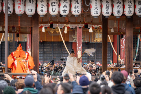 Kyoto, Japan - February 2 2024 : Yasaka Shrine Setsubun festival. Traditional Japanese shinto ritual ceremony.のeditorial素材