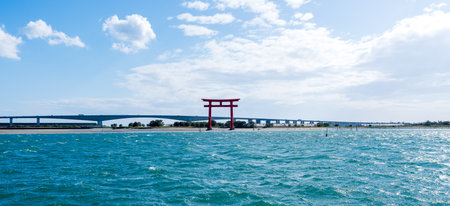 Bentenjima Red Torii Gate and Hamana Bridge, Hamamatsu, Shizuoka, Japan.のeditorial素材