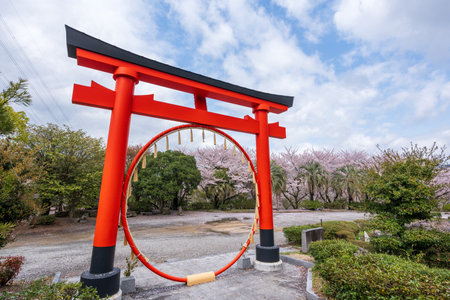 Mitoyo, Kagawa, Japan - April 9 2027 : Ise Asahiyama Hongu shrine in the Asahiyama Shinrin Park (Mt. Asahi Forest Park). Cherry blossoms in full bloom in Shikoku island.のeditorial素材