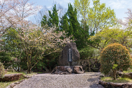 Mitoyo, Kagawa, Japan - April 9 2024 : Monument of Asahiyama Shinrin Park (Mt. Asahi Forest Park). Cherry blossoms in full bloom in Shikoku island.のeditorial素材