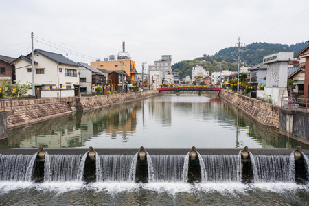 Kotohira, Kagawa, Japan - April 7 2024 : Kanakura River, Kotohira townscape.