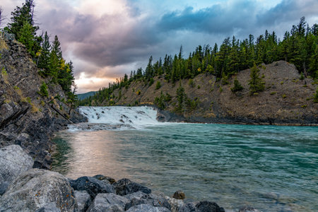 Bow Falls Viewpoint in autumn dusk. Banff National Park Bow River scenic, Canadian Rockies.の写真素材