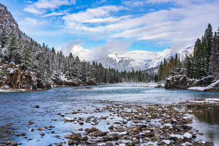 Bow Falls Viewpoint in snowy winter. Banff National Park Bow River scenic, Canadian Rockies.の写真素材