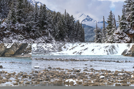 Bow Falls Viewpoint in snowy winter. Banff National Park Bow River scenic, Canadian Rockies.の写真素材