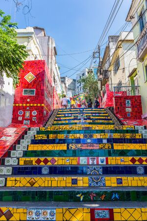 View looking up the famous colorful Lapa steps in the Lapa neighbourhood in the centre of Rio de Janeiro on a sunny day with clear blue sky in Brazil, South Americaのeditorial素材