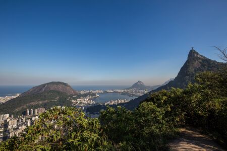 View from helicopter helipad on Mirante Dona Marta towards Mount Corcovado with Christ the Redeemer & Rodrigo de Freitas Lagoon (Lagoa Rodrigo de Freitas) in Rio de Janeiro, Brazil, South Americaのeditorial素材