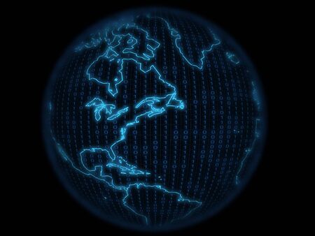 Digital globe with continental outlines over black backgroundの写真素材