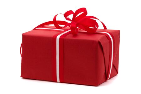 Wrapped gift with ribbon over white backgroundの写真素材