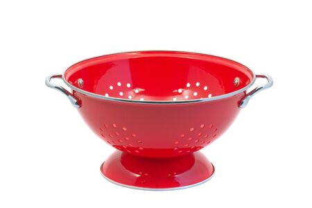 Red empty colander isolated over white backgroundの写真素材
