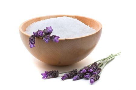 Lavender infused bathing salt with lavender over white backgroundの写真素材