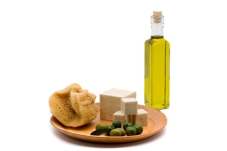 Handmade olive oil soap over white backgroundの写真素材