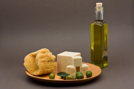 Handmade olive oil soap over black backgroundの写真素材