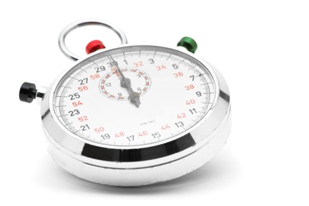 Chrome stopwatch at start position over white backgroundの写真素材