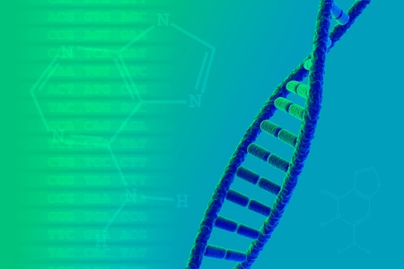DNA strand with genetic code and base formulasの写真素材