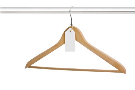 Single hanger with empty label on rack isolated on white backgroundの写真素材