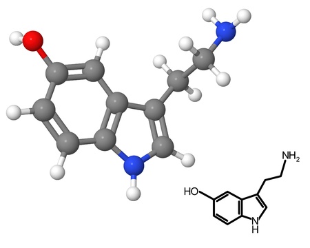 Serotonin molecule with chemical formula isolated on white backgroundの写真素材