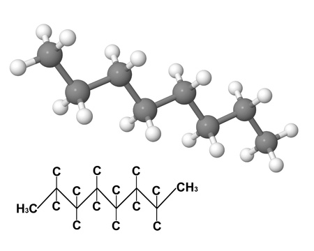 Octane molecule with chemical formula isolated on white backgroundの写真素材