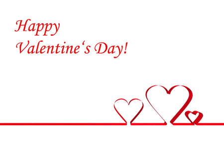 Red ribbon forming three little hearts isolated on white backgroundの写真素材