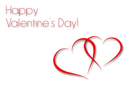 Line drawing of two red hearts on white background with happy valentineの写真素材