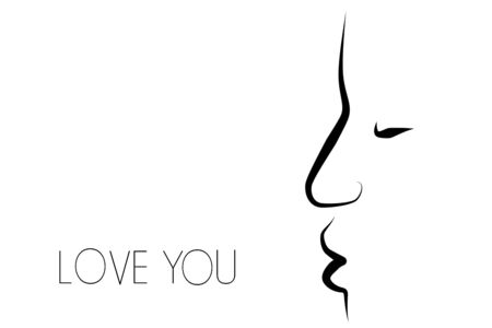 Abstract shape of woman kissing; line drawing isolated on whiteの写真素材