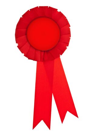 Red ribbon award isolated on white background with empty token