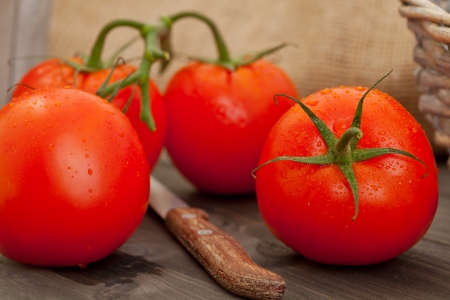 Fresh harvested organic tomatoes on wooden tableの写真素材