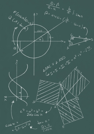 Math formulas and graphics on blackboardの写真素材