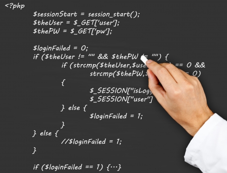 Teacher or scientist writing PHP source code from webpage on blackboardの写真素材