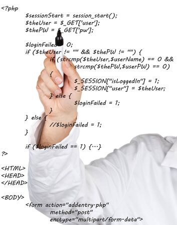 Teacher or scientist writing PHP source code from webpage on transparent screenの写真素材