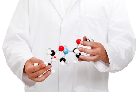 Scientist analyzing chemical molecule model isolated on white backgroundの写真素材