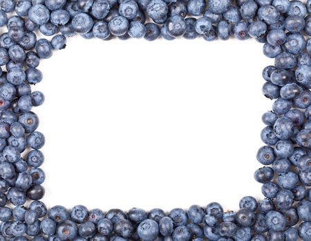 Fresh organic blueberries forming frame over white backgroundの写真素材