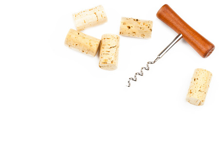 Corkscrew and wine corks on white backgroundの写真素材