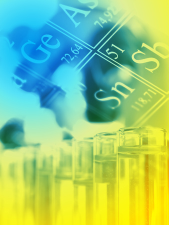 Test tubes with periodic system of the elements - chemistry or biology science backgroundの写真素材