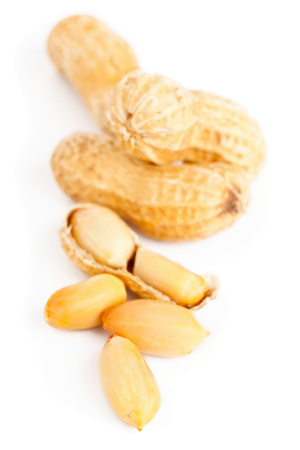 Roasted peanuts whole and opened on white backgroundの写真素材