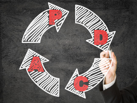 Businessman drawing PDCA schema on transparent screenの写真素材