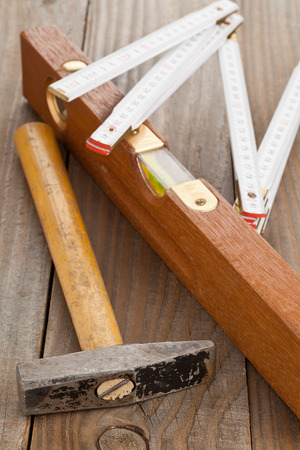 Do-it-yourself tools on wooden backgroundの写真素材